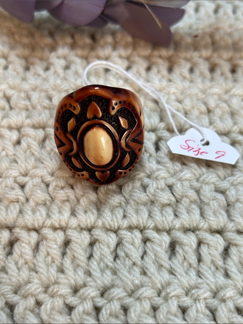 Boho-Carved Brown Ring with Cream Oval Center